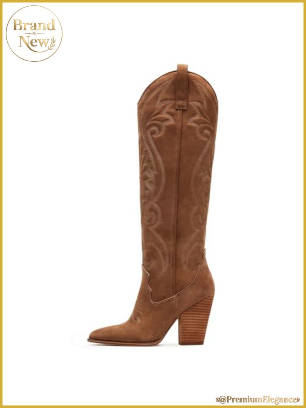 Knee High Cowboy Boots Pointed Toe Chunky Heel Embroidered Western Wide Calf
